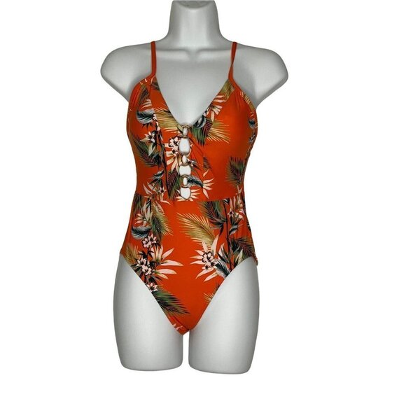 Seafolly Swimwear Women's Orange Floral Ring-Detail One-Piece Swimsuit‎ SZ USA 4 - Picture 2 of 8
